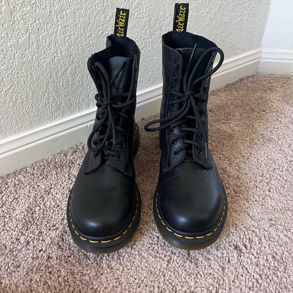 Dr. Martens Black Leather Combat Boots with Yellow Stitching